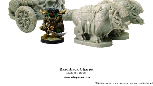 A Razorback Chariot is prominently displayed, featuring a detailed chariot design pulled by two Razorbacks. The chariot is crewed by a charioteer, who is depicted in a dynamic pose, alongside a warrior figure. The overall color scheme is a mix of muted tones, emphasizing the chariot's rugged and battle-ready appearance.
