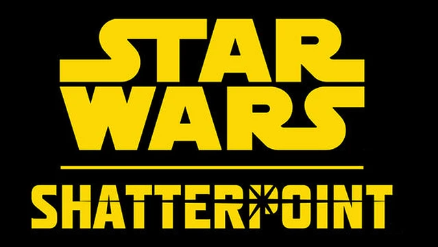The image features the iconic "Star Wars" logo in bold yellow letters, prominently displayed against a black background. Below the "Star Wars" text, the word "SHATTERPOINT" is presented in a similar yellow font, with a distinctive starburst design on the letter "T." This design emphasizes the title and aligns with the theme of the Star Wars universe.