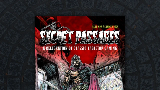 A vibrant comic-style cover for "Secret Passages Issue 2" features a muscular, armored figure with a crown and flowing red cape, standing confidently amidst a gritty, urban backdrop. The character wields a sword and is surrounded by crumbling walls adorned with graffiti, evoking a sense of adventure and nostalgia for classic tabletop gaming. The title is prominently displayed at the top in bold, stylized lettering, with a red and black color scheme enhancing the dramatic atmosphere.