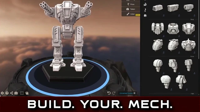 A 3D model of a mech stands prominently on a circular base, showcasing a robust design with multiple arm-mounted weapons and a detailed cockpit. To the right, a user interface displays various customization options, including mech parts, sizing, pose, and color settings. The background features a gradient sky, enhancing the futuristic theme of the scene.