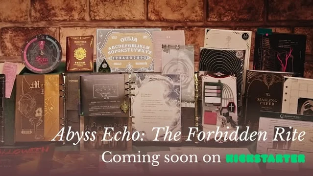 A collection of various themed props and materials is displayed on a dark surface, showcasing the upcoming Kickstarter project "Abyss Echo: The Forbidden Rite." The assortment includes intricately designed books, sealed letters, and occult artifacts, all contributing to a mysterious atmosphere. The text "Abyss Echo: The Forbidden Rite" and "Coming soon on KICKSTARTER" is prominently featured, inviting players to engage in a chilling Cthulhu Mythos adventure.