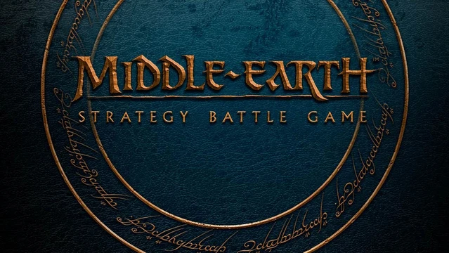 The image features the title "MIDDLE-EARTH STRATEGY BATTLE GAME" prominently displayed in a bold, stylized font, set against a textured dark blue background. Surrounding the title is a circular design that includes intricate, golden script, reminiscent of Tolkien's lore. The overall aesthetic conveys a sense of adventure and fantasy, aligning with the themes of the game.