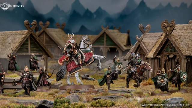 A detailed scene features Helm Hammerhand, King of Rohan, depicted both mounted on an armoured horse and on foot, alongside several Rohirrim warriors. The figures are intricately painted, showcasing vibrant colors and detailed armor, set against a backdrop of rustic wooden structures resembling Rohan architecture. The environment includes rocky terrain and hints of mountainous scenery, enhancing the thematic setting of the Middle-earth Strategy Battle Game.