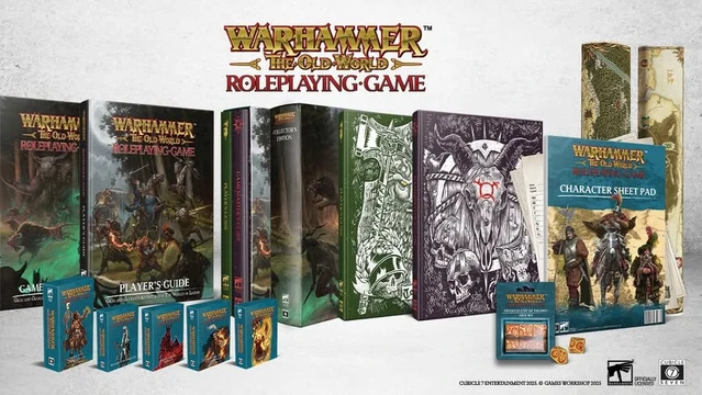 A collection of Warhammer: The Old World roleplaying game products is displayed, featuring several books and accessories. Prominently shown are the core rulebook, a player's guide, and a collector's edition, all adorned with intricate artwork. Additionally, there are packs of cards, a character sheet pad, and various dice, emphasizing the comprehensive nature of the available bundles.