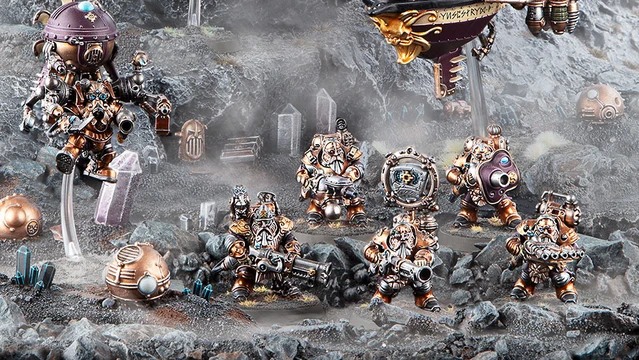 A group of Kharadron Overlords, depicted as flying dwarves in intricate nullsuits, stands on a rocky terrain. They are equipped with various steampunk-inspired weapons and gadgets, showcasing a mix of bronze and metallic colors. In the background, an airship hovers above, adding to the adventurous atmosphere of the scene.