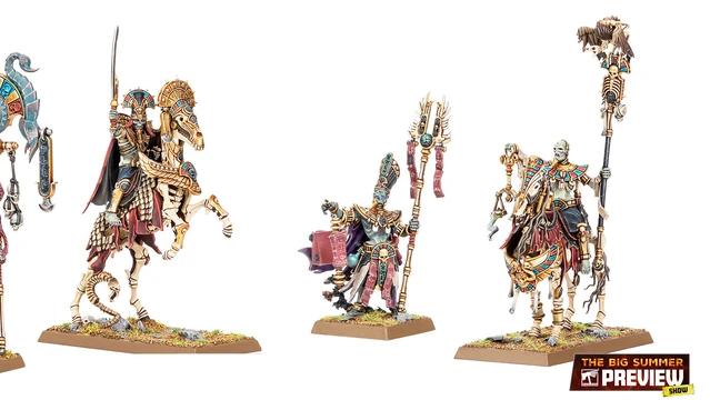 A pair of undead miniatures from the Old World are featured, showcasing a Royal Herald on foot and a mounted Liche Priest. The Royal Herald holds a staff adorned with intricate designs and a scroll, while the Liche Priest, also detailed with vibrant colors and accessories, carries a staff topped with a skull. Both figures are set on textured bases with tufts of grass, emphasizing their ancient and mystical theme.