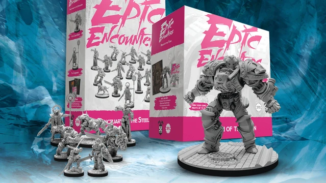 Two boxes of "Epic Encounters" from Steamforged Games are prominently displayed against a blue background. The left box, titled "Sanctuary of the Steelborn," features a variety of detailed miniatures, including humanoid figures and mechanical constructs. The right box, labeled "Realm of the Titan," showcases a large, intricately designed mechanical monster on a circular base, emphasizing the adventure's epic scale.