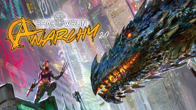 A dynamic illustration features a cyberpunk character with short, vibrant hair and metallic claws, standing confidently on a rooftop amidst a neon-lit cityscape. To the right, a large, menacing dragon with vivid scales and glowing eyes looms, adding a fantastical element to the scene. The title "SHADOWRUN ANARCHY 2.0" is prominently displayed in bold, stylized lettering at the top, emphasizing the game's rebellious theme.