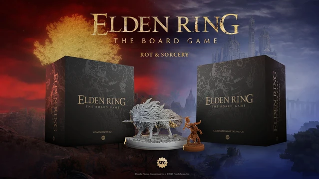 Two core boxes for the Elden Ring board game expansions, titled "Dominion of Rot" and "Machinations of the Witch," are prominently displayed. The "Dominion of Rot" box features a detailed, white wolf-like creature in the foreground, while the "Machinations of the Witch" box is positioned behind it, showcasing a character figure in a brown hue. The background features a dramatic gradient of red and blue, enhancing the fantasy theme, with the title "ELDEN RING: THE BOARD GAME - ROT & SORCERY" prominently featured at the top.