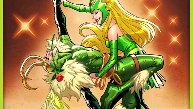 Enchantress and Loki are depicted in a playful dance, both wearing vibrant green costumes adorned with various details. Enchantress, with long blonde hair, is leading the dance, while Loki, with darker hair and a mischievous expression, is being twirled. The background features a warm, glowing effect with sparkling stars, enhancing the whimsical atmosphere of the scene.