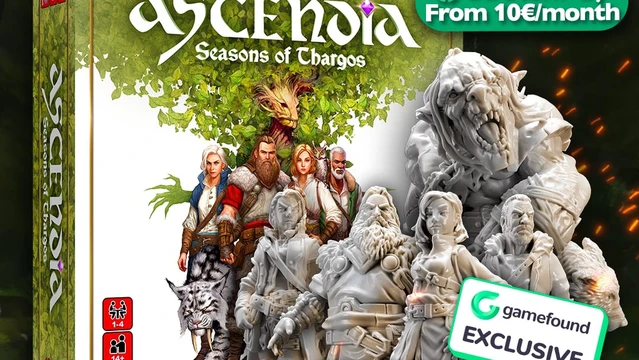 A board game box titled "Ascendia: Seasons of Thargos" is prominently displayed, featuring lush artwork and a vibrant green background with a large tree. Surrounding the box are several detailed miniatures representing characters and creatures from the game, including a wolf and a large, menacing figure. A banner at the bottom indicates "Deluxe Special Edition" and highlights the campaign's exclusivity on Gamefound, with flags representing different languages below.