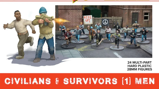 A group of 24 multi-part plastic miniatures representing modern civilians and post-apocalyptic survivors, set against an urban backdrop. The figures include a variety of poses, with some holding weapons and others carrying signs, such as one that reads "RISE UP!" The scene features a mix of clothing styles, showcasing a diverse range of characters suitable for tabletop gaming.