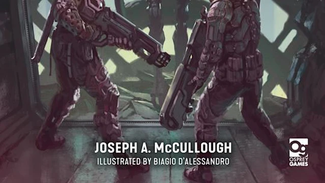 A dramatic cover illustration for the "Death Vector" supplement of Stargrave features two armed characters in futuristic armor, facing a menacing, cybernetic figure in the center. The background depicts a dark, high-tech environment with wires and mechanical elements, enhancing the ominous atmosphere. The title "STARGRAVE Death Vector" is prominently displayed at the top, along with the author's name and illustrator credits at the bottom.