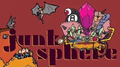 Stylized illustration featuring two characters against a deep red background. On the left, a humanoid figure with cat-like features, including pointed ears and a tail, clings to a large, jagged, gray winged shape resembling a broken or floating structure. The figure wears a sleeveless top and shorts.

On the right, a humanoid robot with a round head, a single large eye, and a mechanical body stands atop a pile of colorful debris. The robot wears a belt with tools or objects attached and holds a wrench in one hand. Surrounding the robot are various mechanical parts, gears, and what appear to be broken or discarded items.

In the center, large bold letters spell out "JUNKSPHERE" in a mix of black and yellow, with a distressed or grunge texture. The letters cast shadows, giving them a three-dimensional effect. In the bottom left corner, a small character with a round body and antennae stands next to a stack of books or crates.