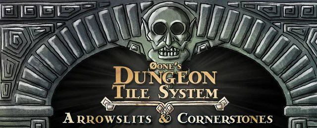 Dungeon Tile System - Arrowslits & Cornerstones logo showing a skull as the keystone in a dwarven stone archway.