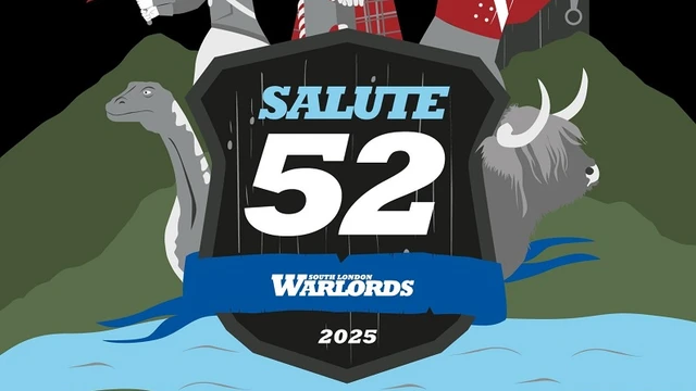 A stylized graphic for Salute 52 features a central shield with the text "SALUTE 52" prominently displayed, flanked by the words "SOUTH LONDON WARLORDS" and the year "2025." Surrounding the shield are four characters: a warrior with a sword and shield, a bagpiper, a soldier in a red coat, and a woman with red hair and a blue mask. In the background, there are elements like a dinosaur and a Highland cow, set against a dramatic sky with lightning. The bottom of the image includes the phrase, "There can be only one day of SALUTE!"