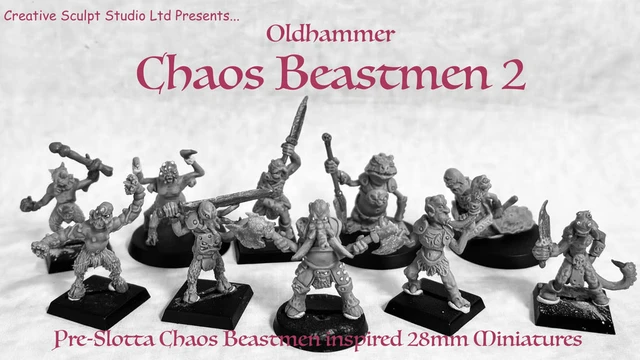 A collection of ten hand-sculpted beastmen miniatures is displayed, showcasing a variety of bizarre mutations, including hooves, tentacles, and horns. Each figure is cast in white metal and features unique weapons and minimal armor, emphasizing their grotesque designs. The text "Oldhammer Chaos Beastmen 2" is prominently featured, along with a subtitle indicating they are inspired by 28mm miniatures.