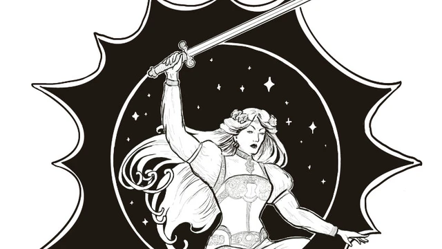 A dynamic black and white illustration features a heroic female figure wielding a sword, poised in an action stance. She has long flowing hair and is adorned in a detailed outfit, with intricate designs visible on her sleeves and waist. The background includes a circular motif filled with stars, surrounded by a jagged, starburst-like outline, enhancing the sense of movement and energy in the scene.