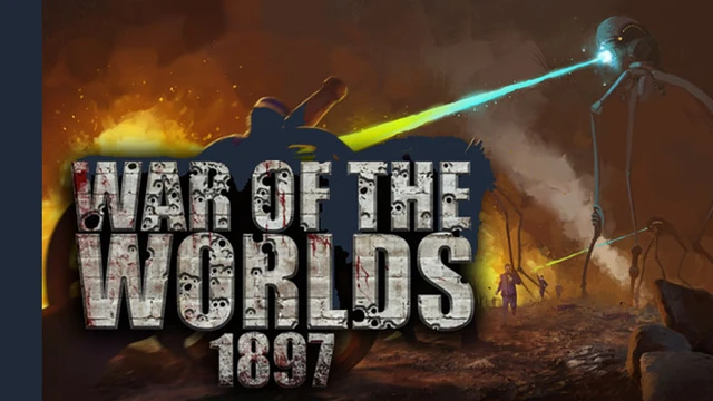 The image features a dramatic scene from "War of the Worlds 1897," showcasing a Martian tripod with a glowing blue beam aimed at a human figure in a desolate landscape. The background is filled with fiery hues, suggesting chaos and destruction. The title "WAR OF THE WORLDS 1897" is prominently displayed at the bottom in a bold, textured font, enhancing the game's thematic intensity. The overall atmosphere conveys a sense of peril and urgency, reflecting the narrative-driven survival RPG concept.