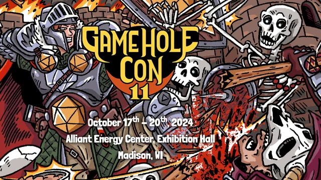 Gamehole Con 11 image showing a knight fighting skeletons. Event dates are October 17th to 20th, 2024, at Alliant Energy Center, Exhibition Hall, Madison, WI