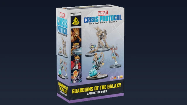 A box for the "Guardians of the Galaxy Affiliation Pack" for Marvel: Crisis Protocol features dynamic illustrations of the miniatures included, such as Star-Lord, Rocket, Groot, and Cosmic Ghost Rider. The packaging prominently displays the title "GUARDIANS OF THE GALAXY" at the bottom, with the Asmodee logo and game branding visible. The background is dark, enhancing the vibrant colors of the figures and the overall design.