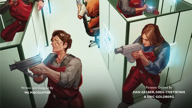 Office cubicles with worker looking over the top and seeing two red troubleshooters brandising weapons on the hunt for something