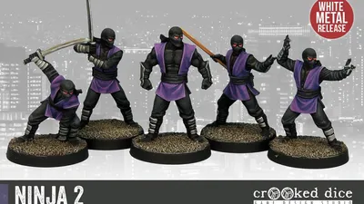 Four ninja miniatures in black and purple, holding weapons, against a cityscape background.