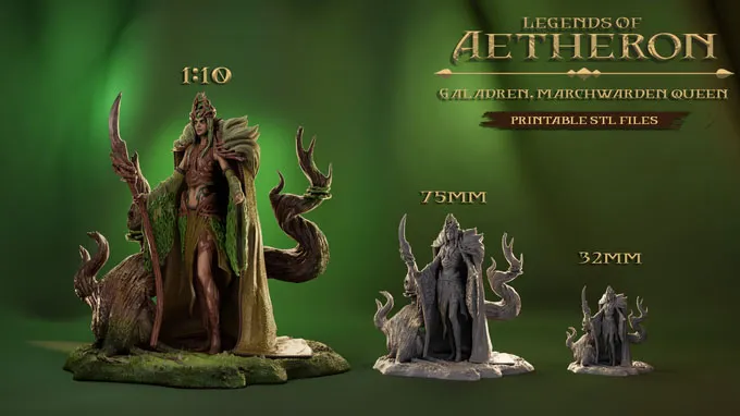 A detailed display features three miniature models of Galadren, the Marchwarden Queen, from the Legends of Aetheron series. The largest model, at 1:10 scale, showcases Galadren with elaborate attire and a commanding pose, flanked by stylized tree-like elements. Two smaller models are presented in 75mm and 32mm scales, highlighting the intricate designs and features of the character. The background is a gradient of green, enhancing the fantasy theme.