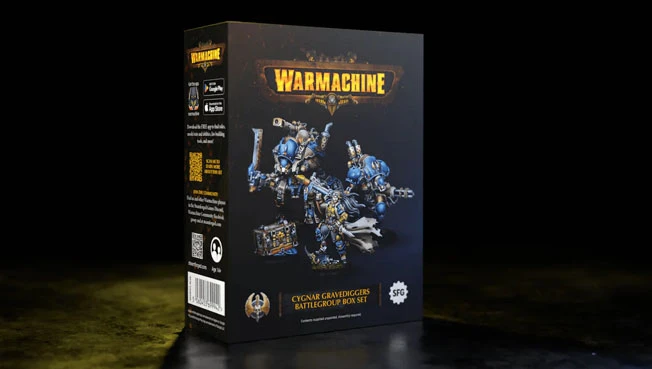 The image features a box set for the Cygnar Gravediggers Battlegroup from the Warmachine tabletop game. The box is predominantly black with vibrant blue and gold accents, showcasing the Warmachine logo prominently at the top. On the front, there are illustrations of miniatures, including a warcaster and two warjacks, positioned alongside a small crate, emphasizing the set's focus on the Cygnar faction. The design includes text indicating the product name and branding from Steamforged Games, set against a dark background that enhances the visual appeal of the box art.