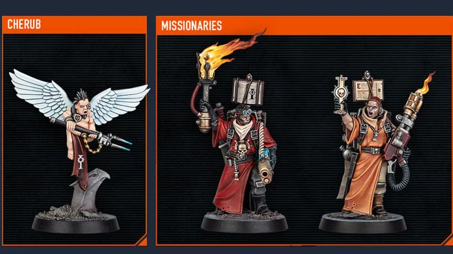 The image features three miniatures from the upcoming Kill Team expansion. On the left, a cherub with white wings holds a small weapon, standing on a rocky base. To the right, two ecclesiarchal militiamen, known as Missionaries, are depicted; one raises a torch with flames, while the other holds a large book and a weapon, both dressed in flowing robes with intricate details. The miniatures are painted in rich colors, showcasing the detailed craftsmanship typical of Games Workshop models.