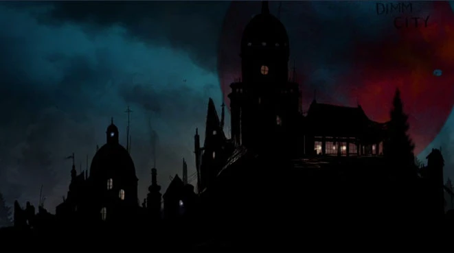 A dark, atmospheric skyline of a city is depicted, featuring various gothic and industrial buildings silhouetted against a moody, twilight sky. The background is dominated by a large, glowing red orb, suggesting a celestial body, while hints of blue and gray clouds add depth to the scene. Some windows in the buildings are illuminated, creating a contrast with the overall darkness and enhancing the sense of mystery in this CreaturePunk setting.