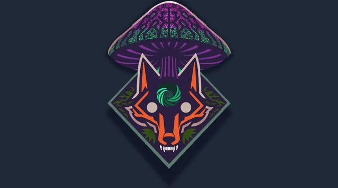 The image features a stylized logo for the roleplaying game "Dimm City." At the center, there is a vibrant, anthropomorphic wolf's head with striking orange and black colors, showcasing large ears and a fierce expression. Above the wolf, a colorful mushroom with intricate patterns in purple and green hovers, adding a fantastical element to the design. The overall composition is framed within a diamond shape, with green foliage motifs surrounding the wolf, emphasizing the CreaturePunk theme of the game. The background is a deep navy blue, enhancing the vivid colors of the logo.