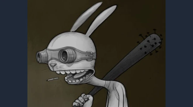 A cartoonish anthropomorphic rabbit character stands against a muted background. The rabbit has large, round goggles over its eyes and a wide, toothy grin, revealing sharp teeth. It holds a baseball bat with spikes in one hand and has a small object, possibly a cigarette, in its mouth, adding to its edgy appearance. The character's body is slender and elongated, emphasizing its creature-like features.