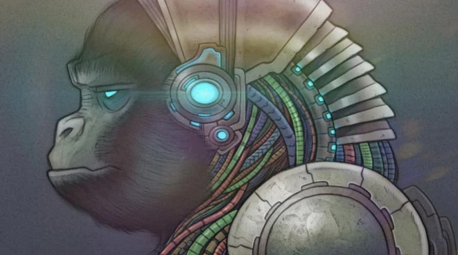 The image features a stylized anthropomorphic gorilla character, showcasing a blend of organic and mechanical elements. The gorilla has a serious expression, with a prominent cybernetic headpiece that includes glowing blue accents and colorful, braided cables extending down its neck. It wears a metallic shoulder pad, adding to its futuristic appearance, set against a softly blurred background that enhances the character's striking features.