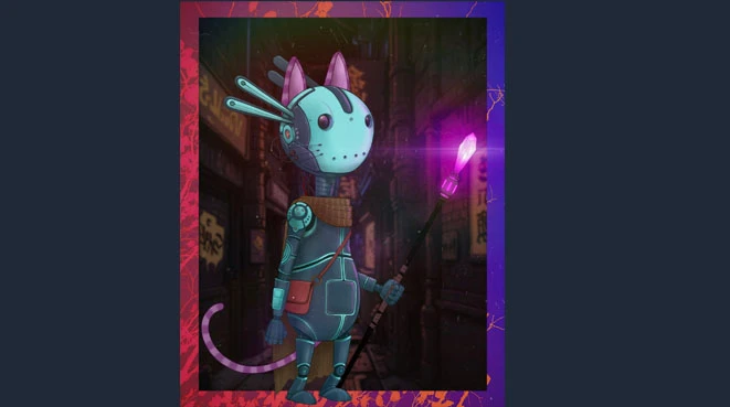 A robotic, anthropomorphic cat character stands in a dimly lit alleyway, embodying the CreaturePunk aesthetic. The character features a sleek, metallic body with a blue and silver color scheme, large expressive eyes, and prominent pink ears. It holds a glowing staff topped with a purple crystal, while its tail curls playfully behind it, suggesting a blend of whimsy and danger in the urban environment. The background hints at a gritty metropolis, with blurred signs and structures that enhance the game's cyberpunk theme.