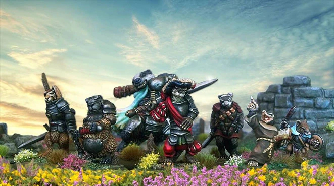 A group of intricately designed animal miniatures stands in a vibrant, flower-filled landscape. The characters, resembling various species of anthropomorphic animals, are dressed in detailed armor and wielding weapons, showcasing a mix of colors including earthy tones and bright accents. In the background, a stone structure adds depth to the scene, while a dramatic sky enhances the overall fantasy atmosphere.