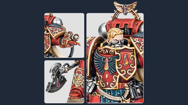 The image features a detailed miniature of Aster Crohne, a character from the Blood Angels faction in Warhammer 40,000. The miniature showcases intricate armor adorned with ornate red and gold designs, highlighting his status as a veteran warrior. Close-up views reveal his weary expression and the unique weaponry he wields, including a distinctive axe, emphasizing his battle-hardened nature.