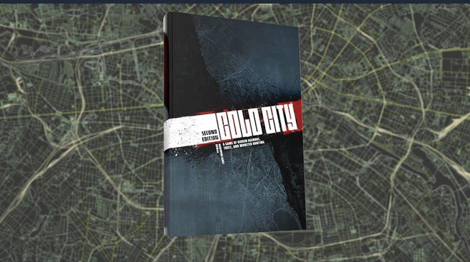 The image features the cover of the "Cold City" RPG, prominently displayed against a faded map background that suggests a city layout. The book cover is dark, with a textured black and gray design, and the title "COLD CITY" is boldly printed in white and red, indicating its second edition. The overall aesthetic conveys a sense of mystery and tension, fitting for a game set in a post-World War II environment filled with dark agendas and hidden horrors.