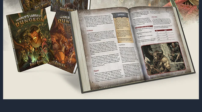 The image features the 20th anniversary edition of "The World's Largest Dungeon," showcasing several books with vibrant, illustrated covers prominently displayed. An open book in the foreground reveals detailed text and a colorful illustration of a character, highlighting game mechanics and lore. The overall design emphasizes a fantasy theme, with rich colors and intricate artwork that reflect the adventurous spirit of tabletop RPGs.
