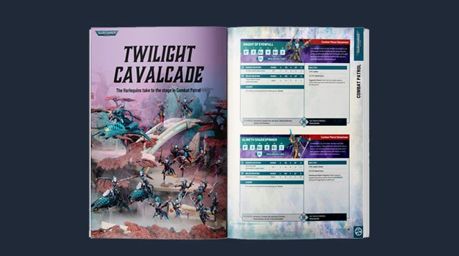 The image features an open magazine page showcasing a section titled "Twilight Cavalcade." The left side displays vibrant artwork of Harlequins, a faction from the Warhammer universe, engaged in dynamic poses amidst a colorful, fantastical landscape. The right side contains game mechanics and rules related to the Harlequins' Combat Patrol, with clearly laid out charts and text boxes detailing gameplay elements. The overall color scheme is bright and eye-catching, emphasizing the energetic theme of the Harlequins.