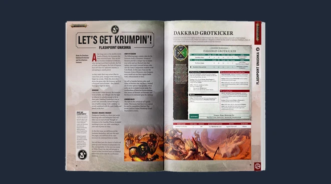 The image features an open issue of White Dwarf magazine, showcasing two pages. The left page is titled "LET'S GET KRUMPIN'!" and includes text related to a Flashpoint, likely discussing a narrative or battle scenario. The right page focuses on "DAKKBAD GROTKICKER," presenting a character profile with a detailed stat block and abilities, accompanied by thematic artwork depicting a battle scene. The overall color scheme includes earthy tones and vibrant illustrations, typical of the Warhammer universe.