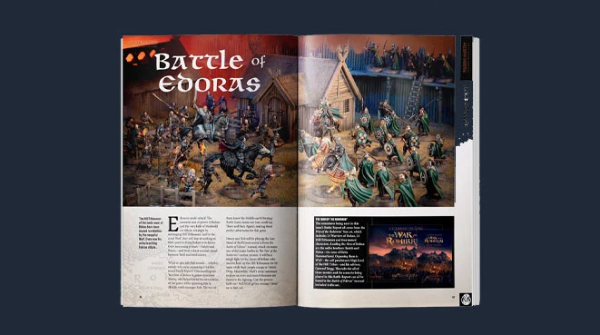 The image features an open magazine spread showcasing a detailed scene from the "Battle of Edoras." On the left page, various miniatures are arranged in a dynamic battle setup, depicting characters and creatures from the Lord of the Rings universe, with a backdrop of wooden structures. The right page includes text discussing the battle, alongside promotional content for the new game, highlighted by a vibrant title and imagery related to the War of the Rohirrim. The overall color scheme combines earthy tones with vibrant greens and browns, enhancing the fantasy theme.