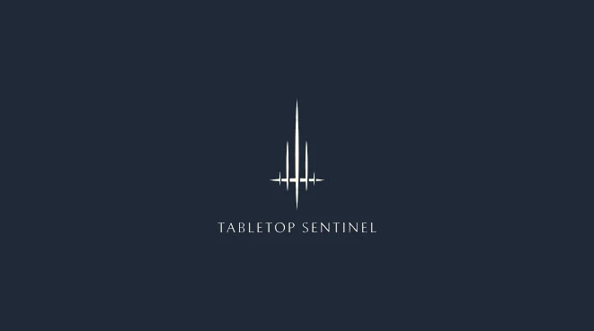 A dark blue background features a minimalist logo for "TABLETOP SENTINEL," which consists of three vertical lines of varying heights, with a longer central line flanked by two shorter lines. The logo is centered and presented in a sleek, modern font, emphasizing a clean and professional aesthetic.