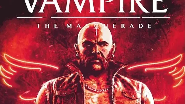 Bald man in leather vest, glowing red wings behind, text "VAMPIRE THE MASQUERADE" above.