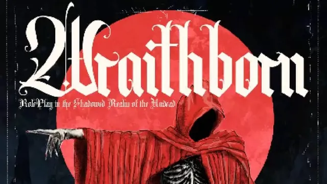 A skeletal figure in a long, tattered red hooded cloak stands against a dark background. The figure holds a sword in its right hand and a skeletal hand in its left. A red crescent moon appears behind the figure. Text at the bottom reads "Theatre Macabre" on the left and "Mörk Borg" on the right.
