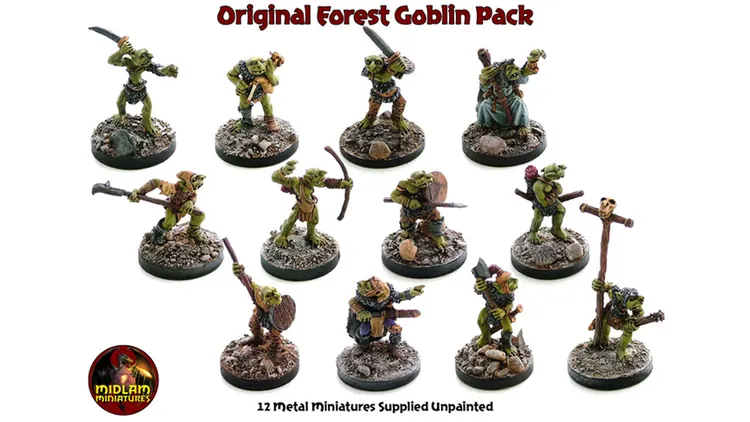 A collection of twelve unpainted metal miniatures representing forest goblins, each standing on textured bases with rocky and earthy details. The goblins display a variety of poses and weapons, including bows, swords, and staffs, showcasing their distinct character and attire. The text 
