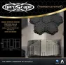 A detailed packaging design for the "Urban Landscape of Valhalla" terrain set from Heroscape features a combination of fortified walls and modern tiles, ideal for creating urban battlefields. The design showcases hexagonal terrain pieces, with a prominent black and gray color scheme, and includes dimensions for a fortified wall section. Text highlights the set's features, emphasizing the ability to build over 110 hexes for gameplay.