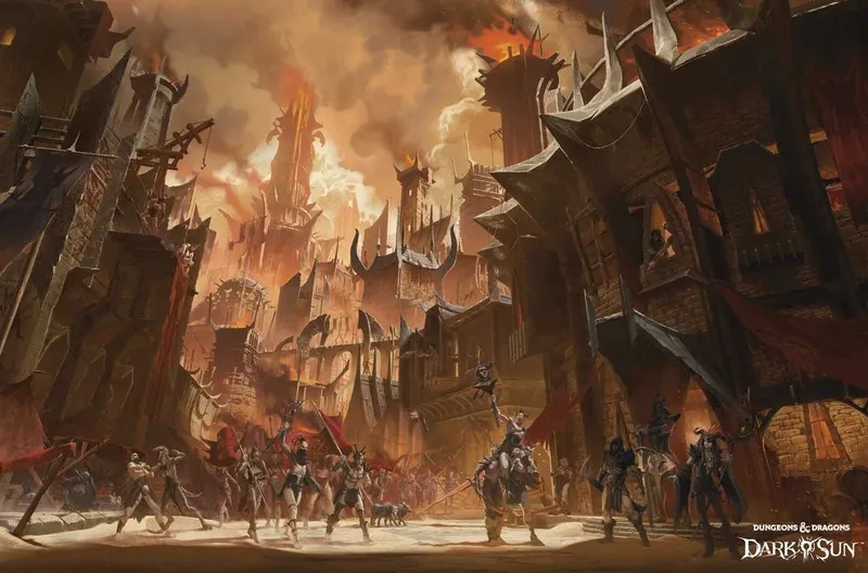 A group of armed warriors stands before a burning, spiked city under a fiery sky.
