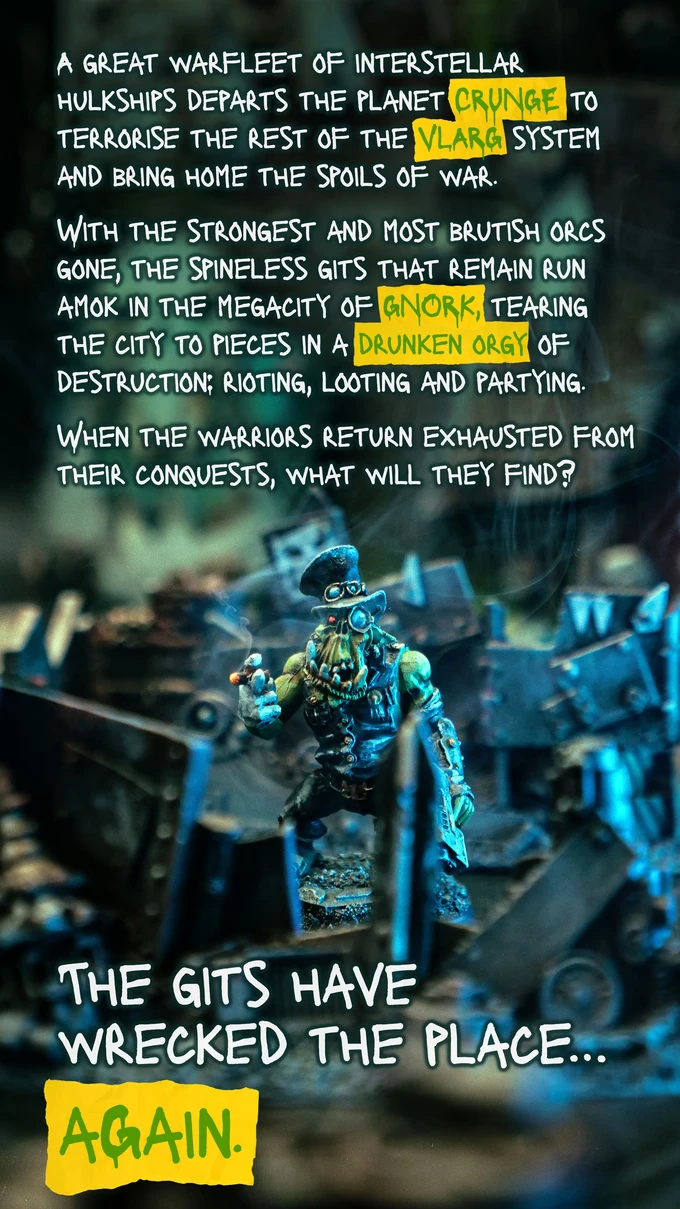 A detailed illustration features a chaotic scene set in a vibrant, dystopian megacity, with towering structures and debris scattered throughout. In the foreground, a whimsical orc character, dressed in a blue outfit and sporting goggles, stands confidently, embodying the game's humorous tone. The background includes hints of destruction and mayhem, with the text overlay describing the game's premise of orcs wreaking havoc in the city of Gnork, emphasizing the drunken and chaotic nature of the gameplay.