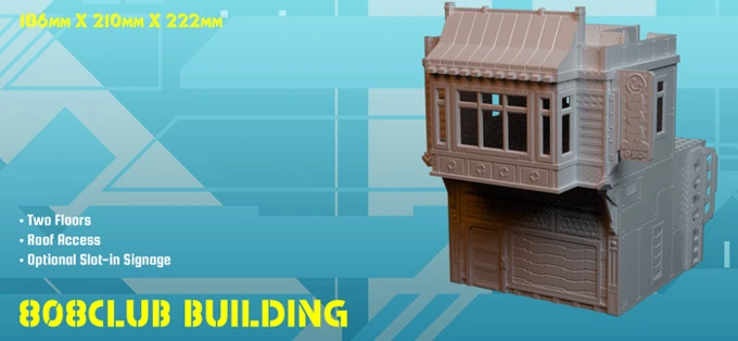 A two-story building design titled "808 Club Building," featuring a detailed facade with windows and a sloped roof. The structure includes roof access and optional slot-in signage for customization. The dimensions of the building are 186mm in height, 210mm in width, and 222mm in depth, set against a vibrant blue geometric background.